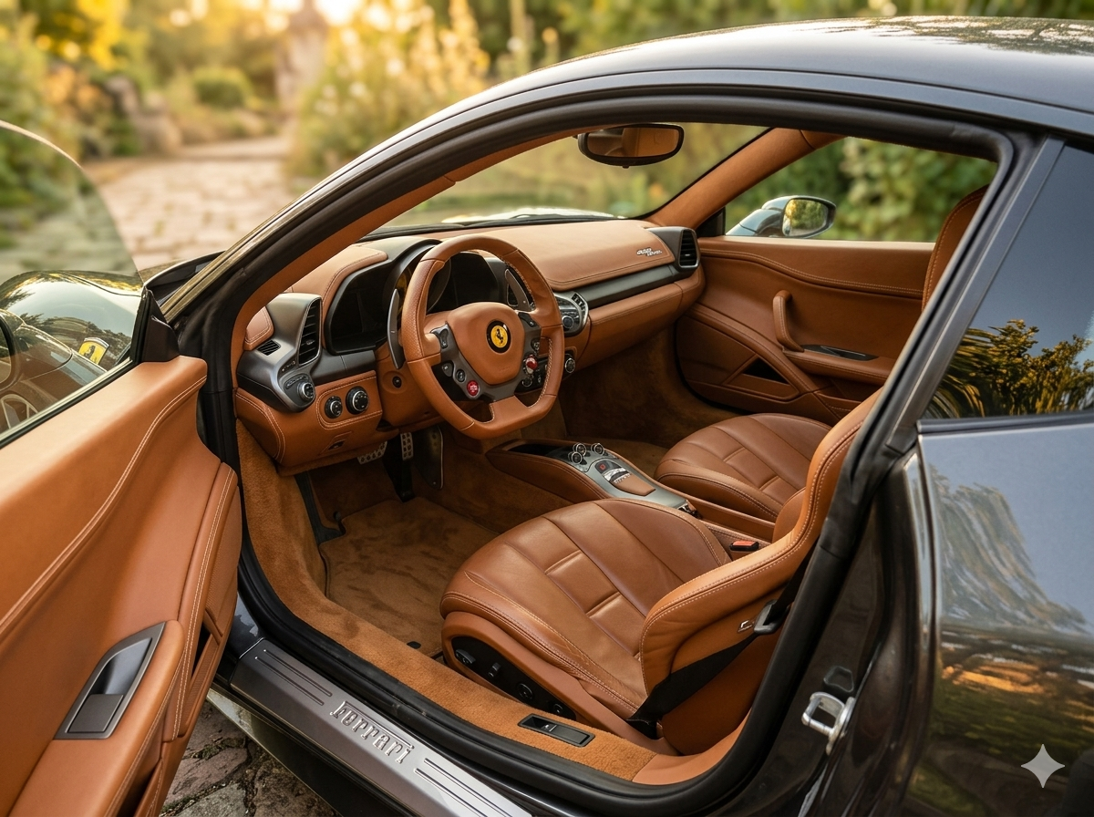 Ferrari 458 Italia Cognac-Leder-Interieur – Tür offen, goldenes Licht