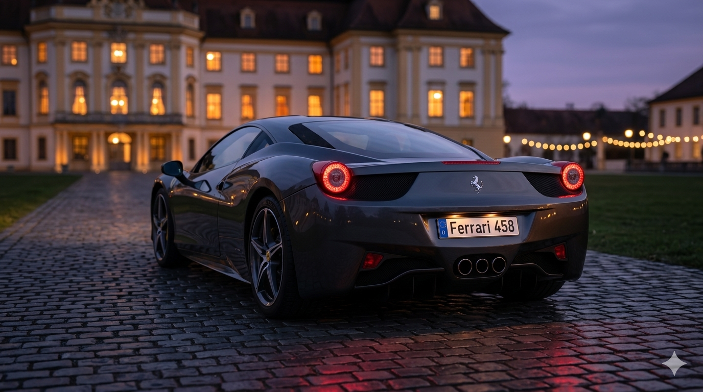 Ferrari 458 Italia Heck – Schloss bei Dämmerung